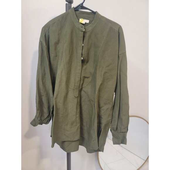 ANN MASHBURN Tops - ANN MASHBURN Olive Green Linen Button-Front Tunic